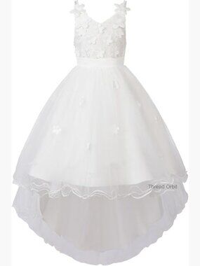 High-Low Tulle Flower Girl Dress 3D Floral Lace Gown Adjustable Straps